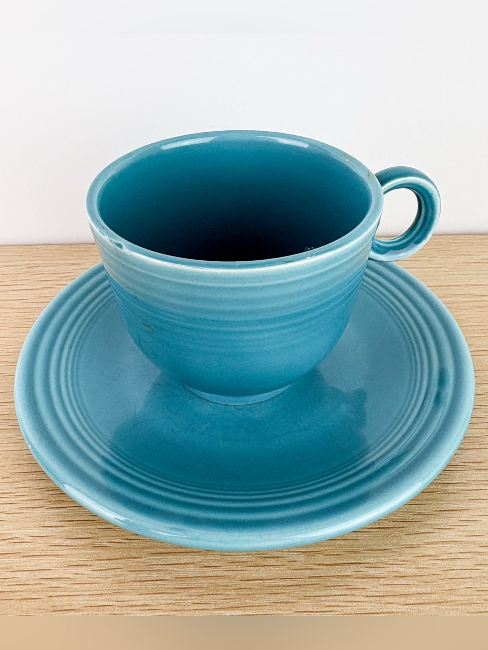 Fiestaware Pre 1970 Original Turquoise Blue Teacup Saucer Set Vintage No Loop F